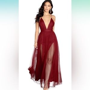 Windsor Long Formal Tulle Dress, Sleeveless V-Neck with High Front Slits